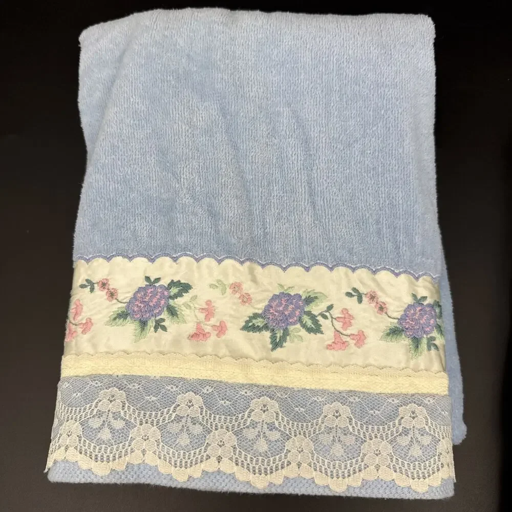 2-Piece Towel Set Light Blue Floral Trim After Bath Luxury by J Abouchar & Sons